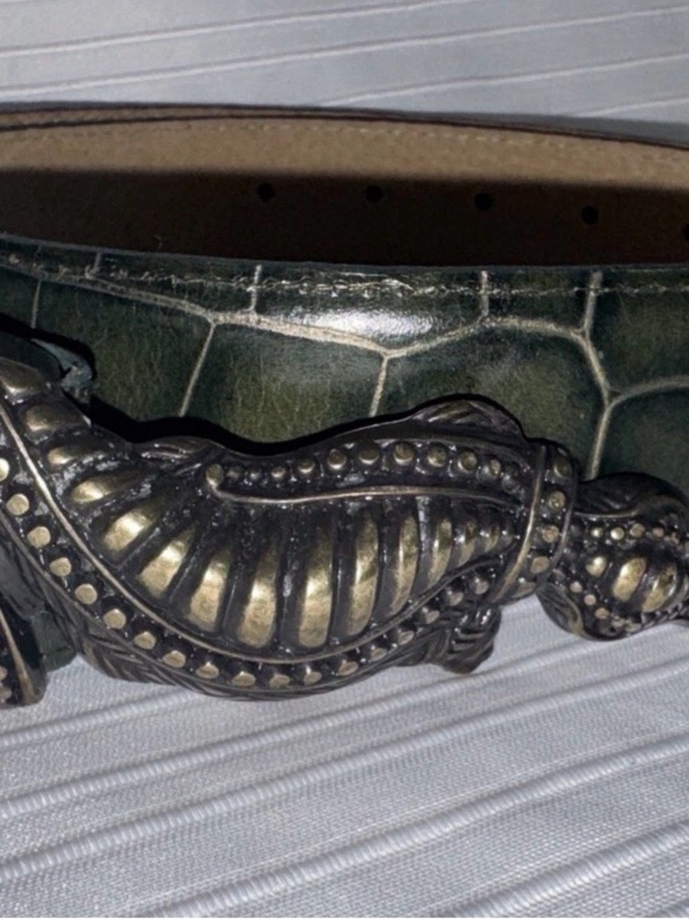 Doncaster. Green Croc-Embossed Reptile Accent Belt with Antique Silver Buckle L